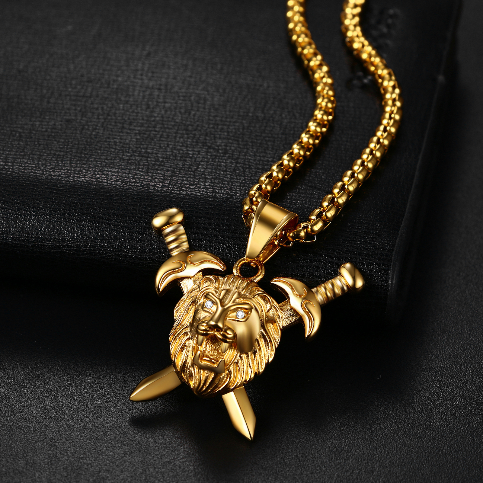 Mens Boys Hip Hop Gold Tone Lion Head Stainless Steel Pendant Necklace Chain 22″