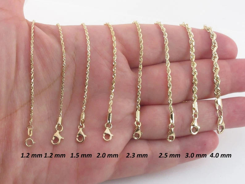 14K Solid Gold Diamond Cut Rope Chain Necklace Real Gold Women Men