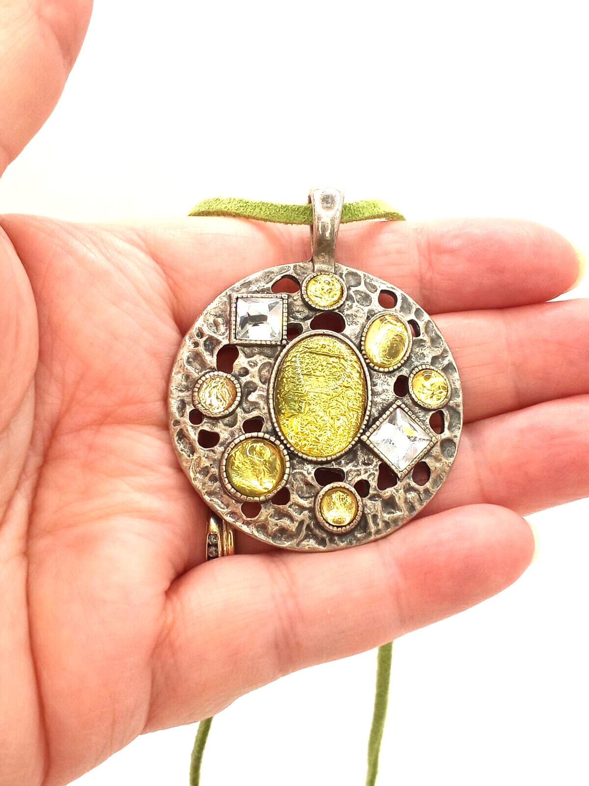 Lia Sophia Mint Julep Rhinestone on a Green Cord &Antiqued Silver Tone Pendant