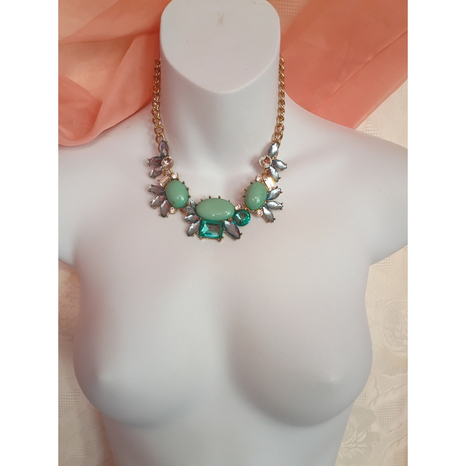 Gold Chain Mint Green & Rhinestone Statement Necklace