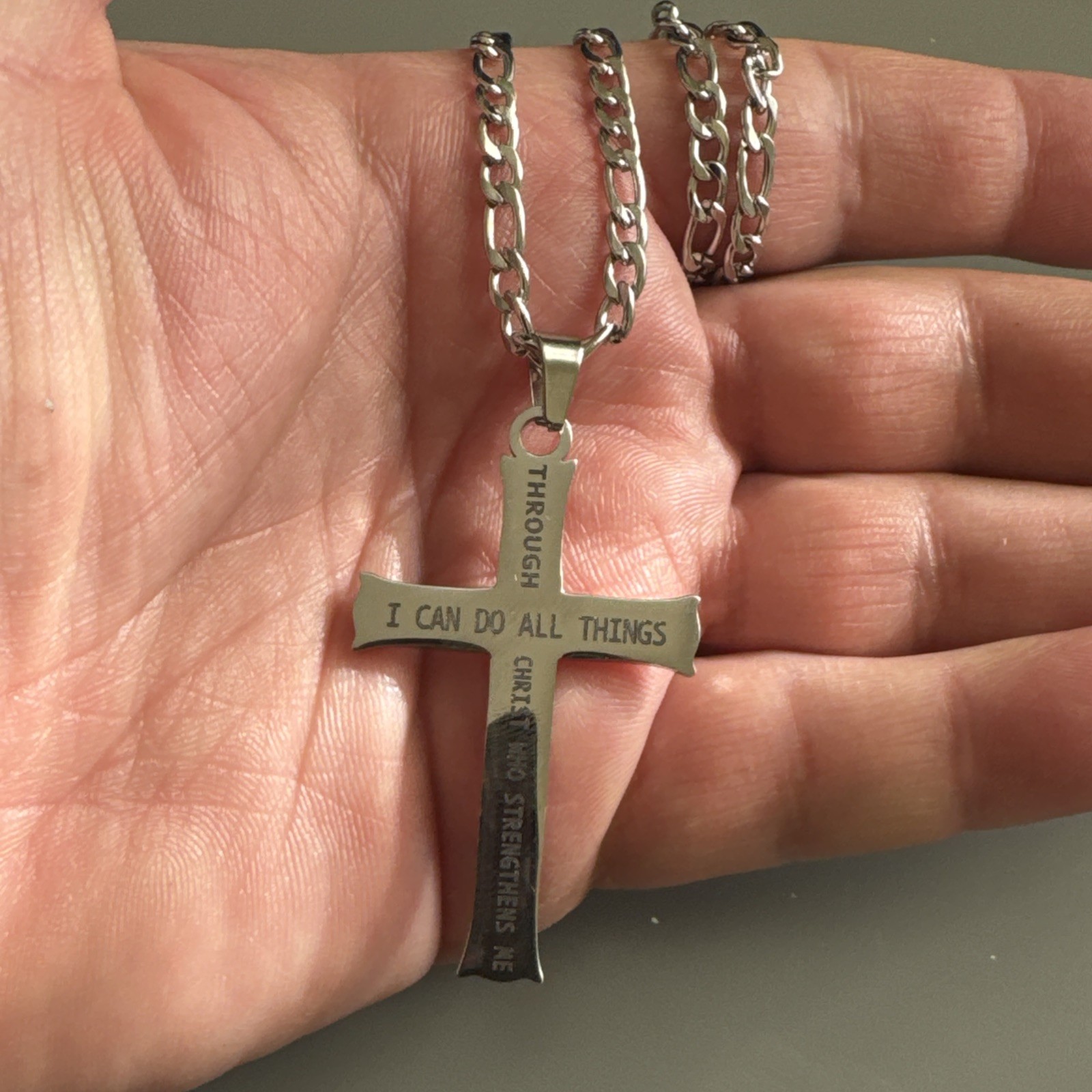 Cross Pendant Scripture Stainless Steel Silver Tone 24 Inch Cuban Link Chain