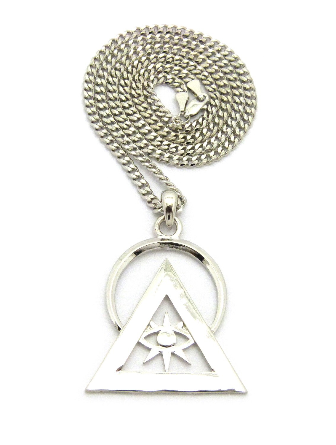 Silver Plated illuminati Pyramid Pendant & 24″ Box, Cuban, Rope Chain Necklace