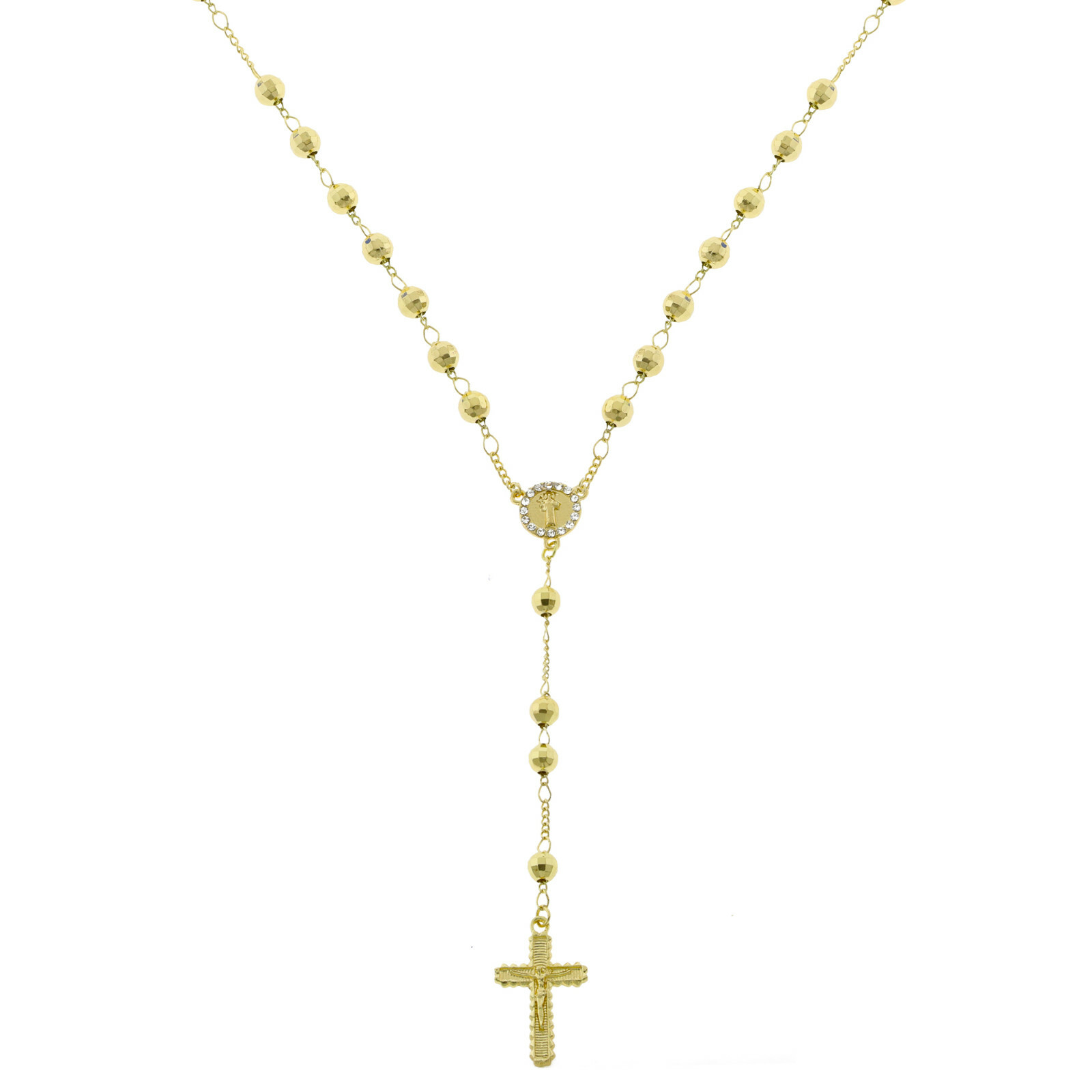 Men 14K Gold Filled Ball Diamond Cut Religious Rosary Jesus Cross Chain Necklace