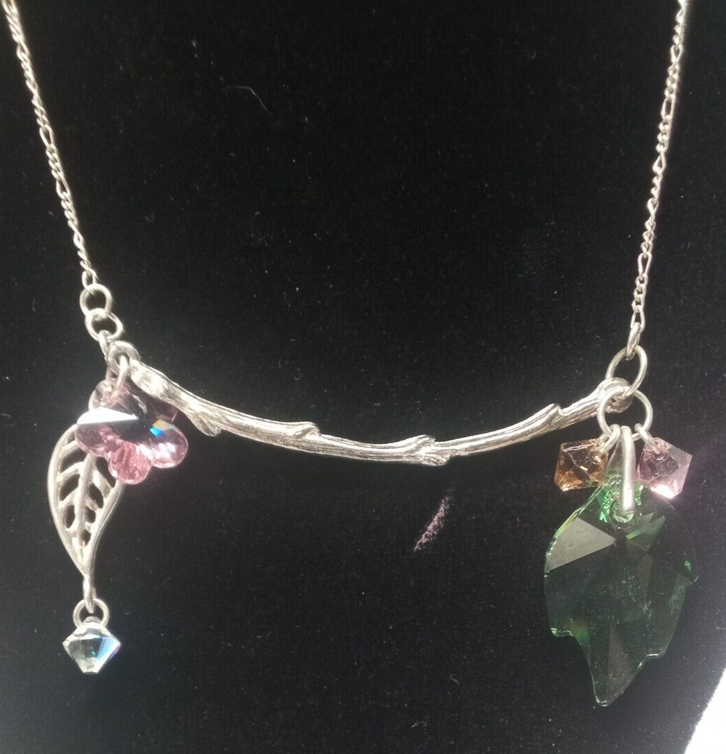 18″ Silver Tone Stamped 925 Green Pink Crystal Glass Flower Leaf Branch Necklace