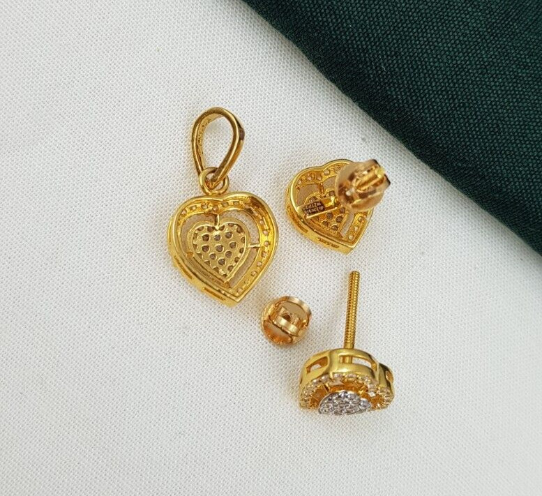 22K Gold Pendant With Earrings Set Wedding Women Heart Motif Pendant Necklace CZ