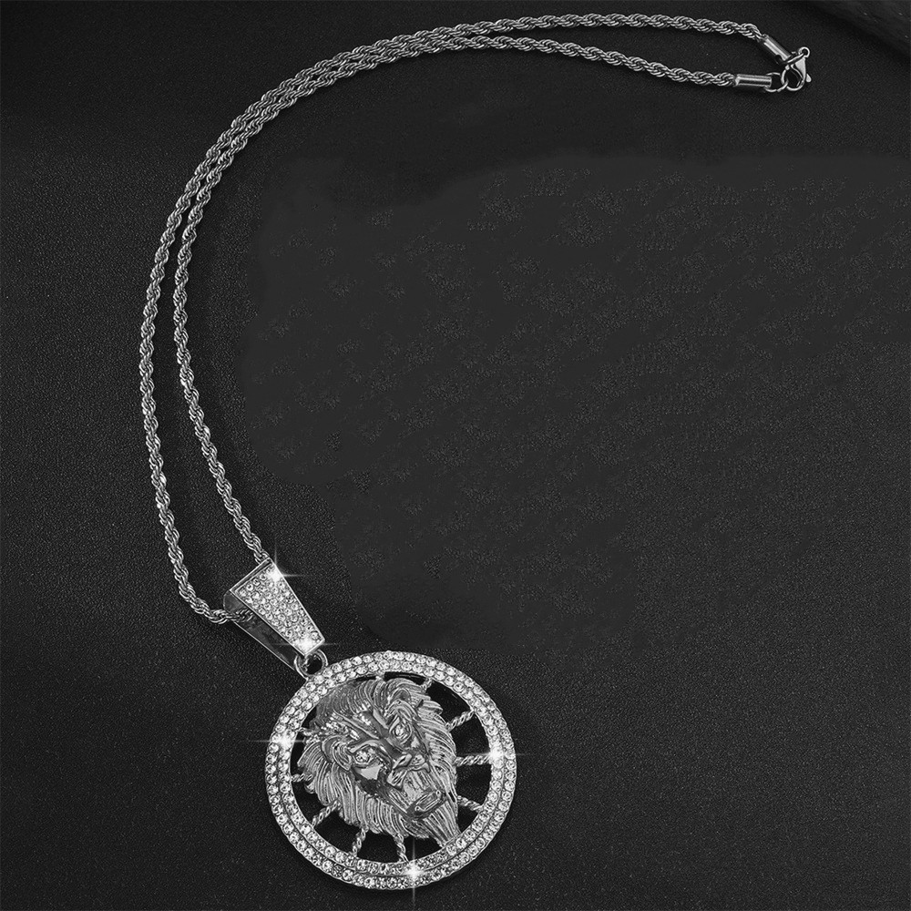 Hip hop Fashion Men’s Pendant Necklace Hollowed Lion Head Circular Silver