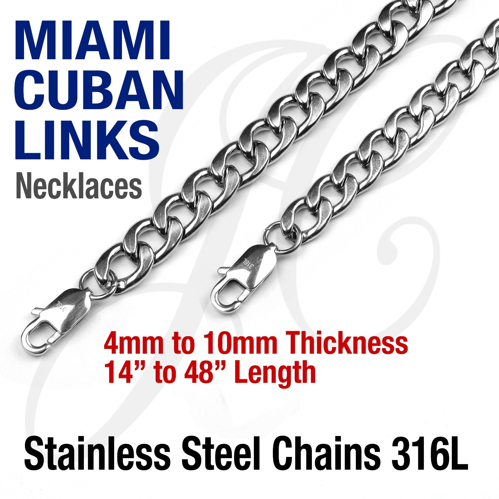 Stainless Steel 316L Miami Cuban Curb Link Chain Necklace 14-48″ Silver Color