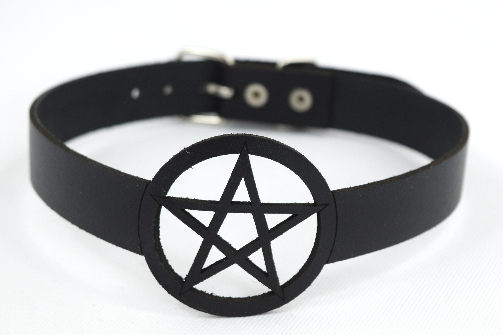 Gothic Witch Wicca Black Leather Pentagram Laser Cut Choker Necklace