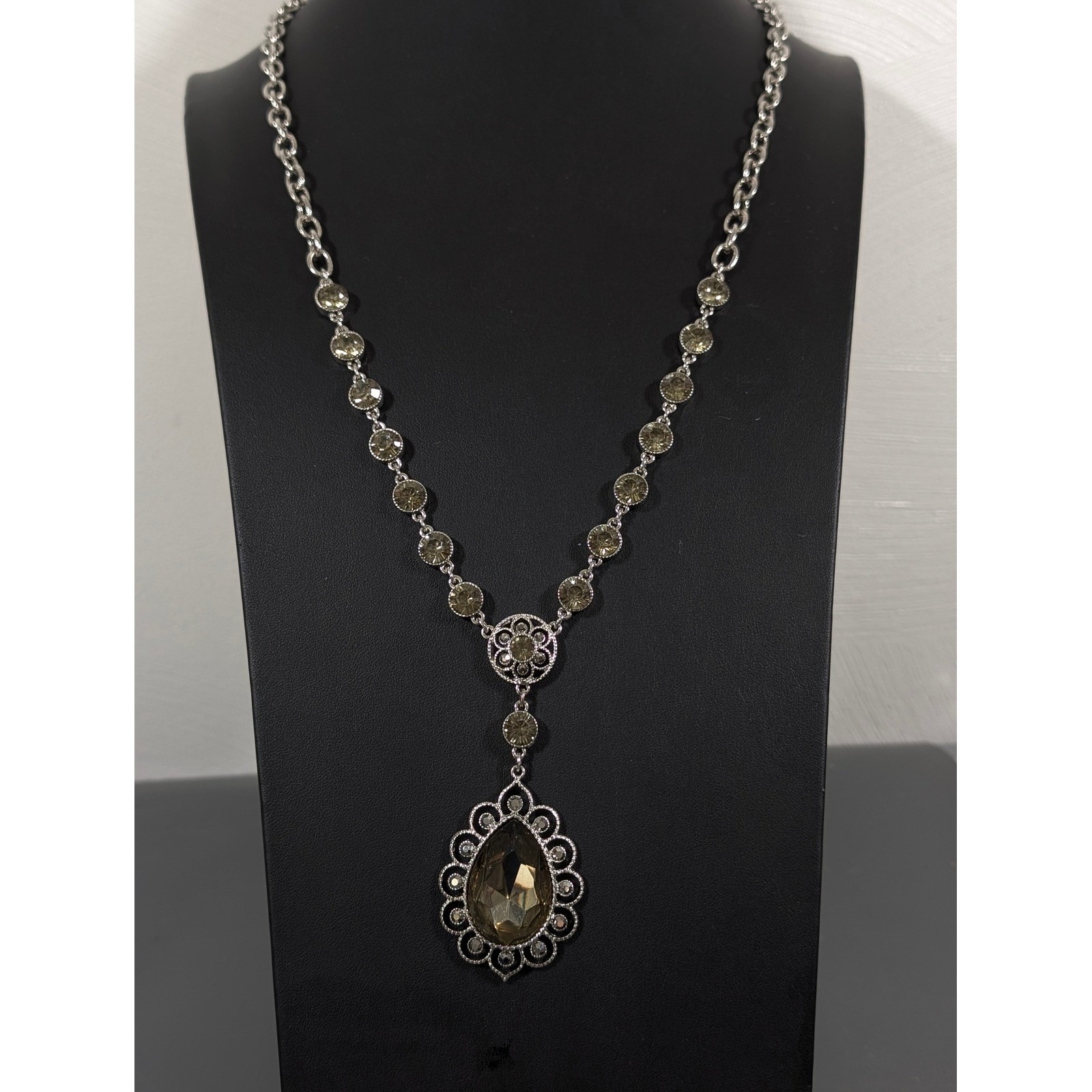 Roman Smokey Gray Pendant Necklace Silver Tone Long Rhinestone Boho 32 in