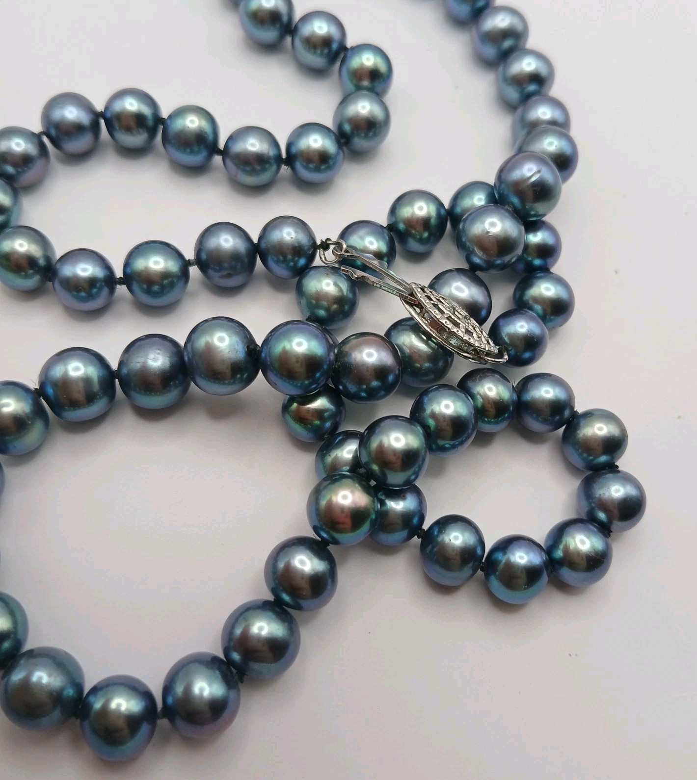 Peacock Black Blue Pearl Necklace “20 White Gold Filled Clasp Hand Knotted 7.5mm