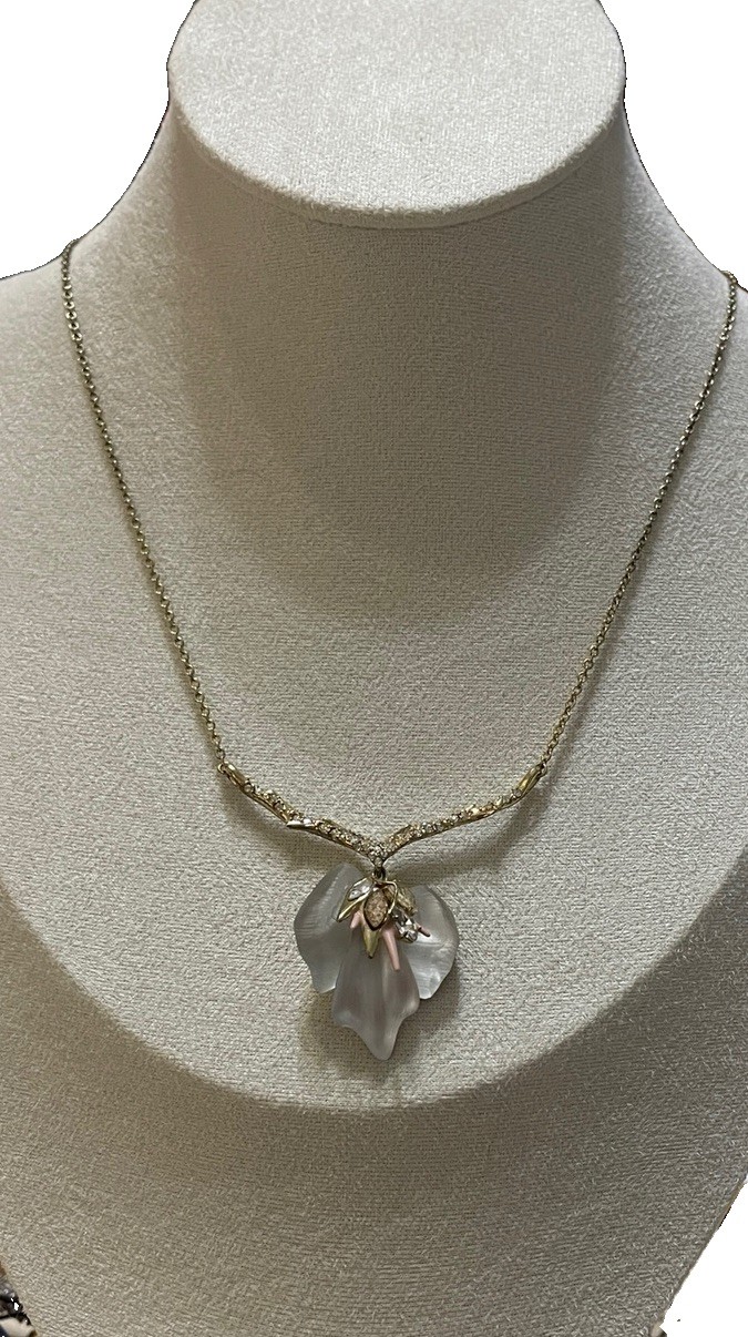 Alexis Bittar Desert Jasmine Drop Lucite Flower Necklace Pearl White Gold Tone