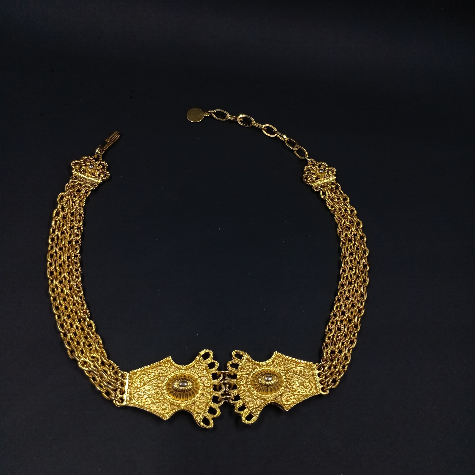 Vintage Gold Tone Ornate Filigree Multi Chain Choker Necklace 14″