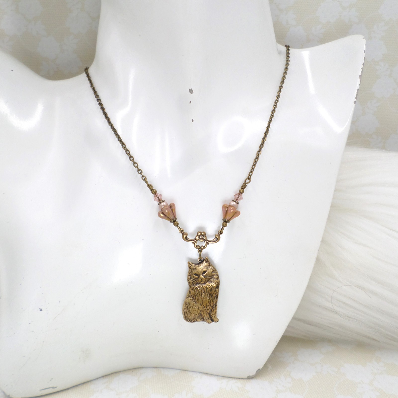Vintage Style Cat Necklace with Pink Czech Glass Flowers, Antique Brass Handmade