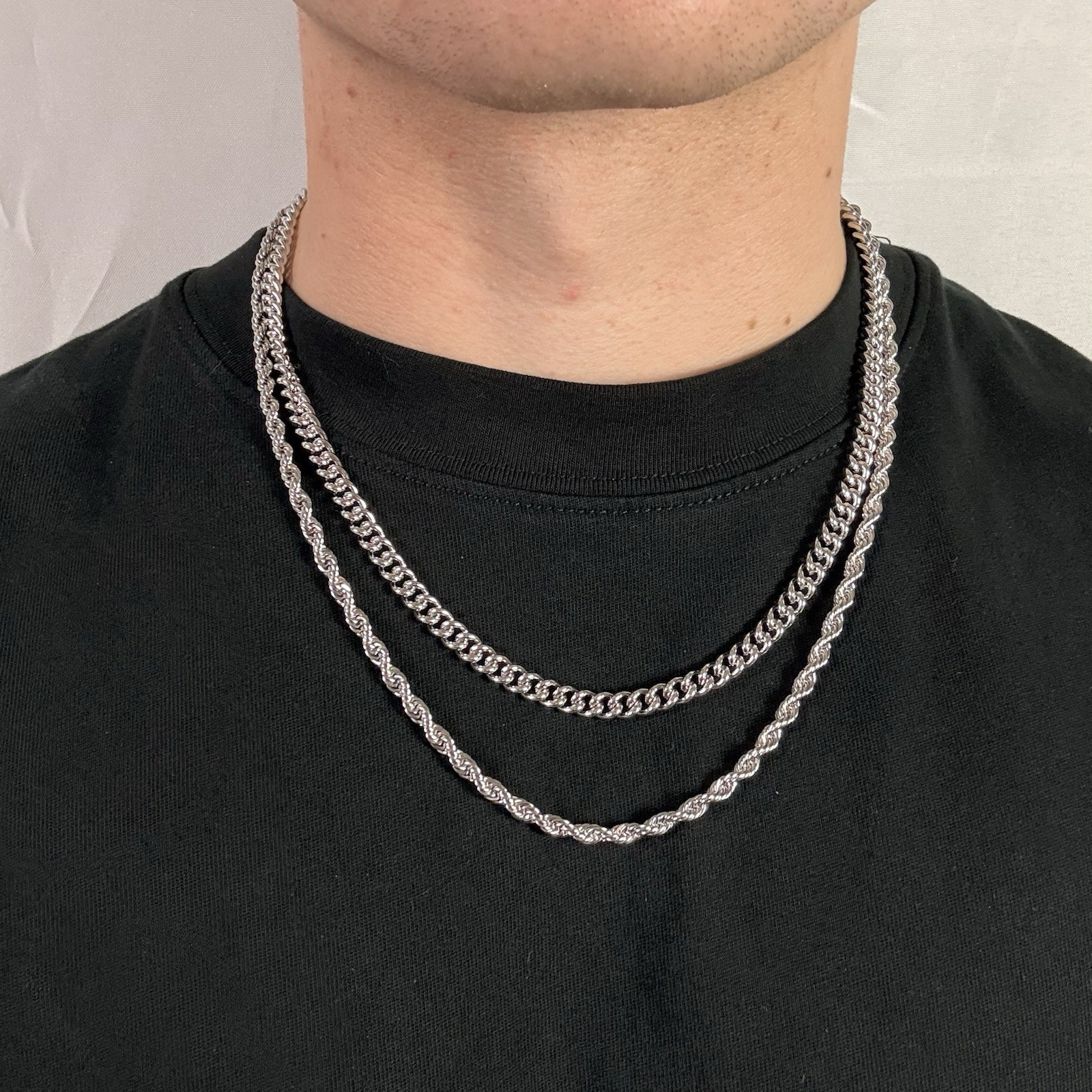 Silver Necklace Set 316L Surgical Stainless Steel 6mm 20” Curb & 4mm 22” Rope