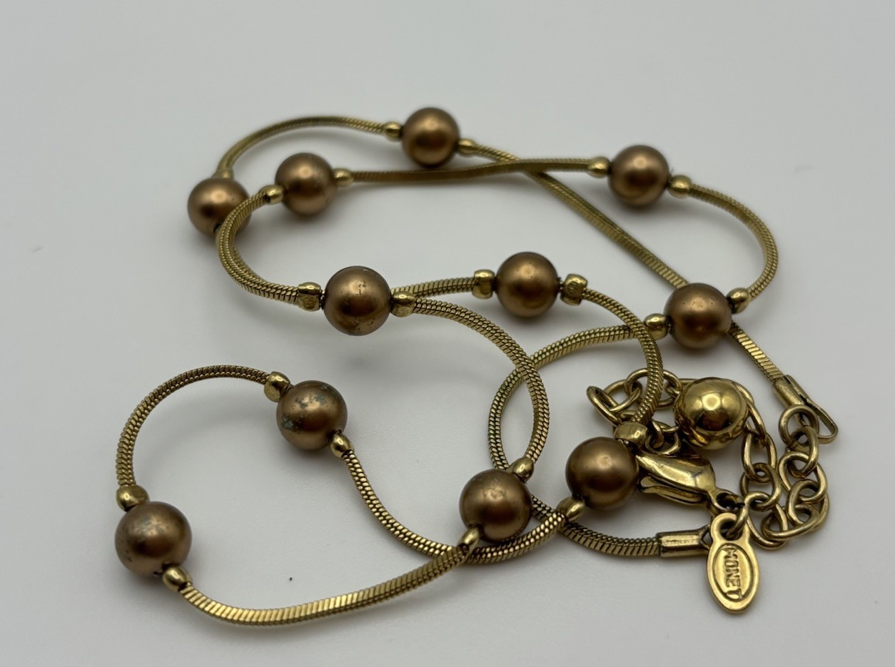 Vintage Monet Gold Tone Bead Station Necklace Signed Adjustable Snake Chain 48cm