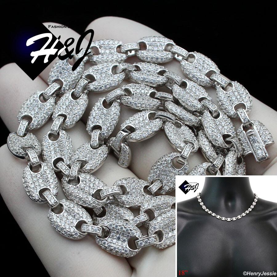 18″MEN 925 STERLING SILVER 8MM ICY CUBIC ZIRCONIA PUFFED MARINER NECKLACE*N18