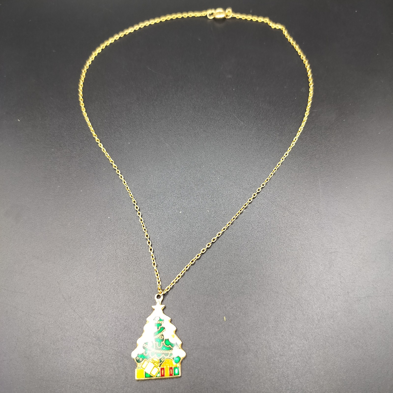 Christmas Tree Pendant Necklace Gold Tone Enamel Holiday Fashion Jewelry Gift