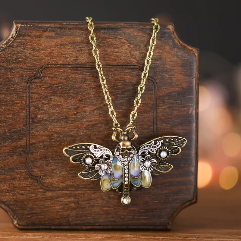 Vintage Boho Moth Skull Pendant Necklace for Women Daily Wear All Seasons Gift