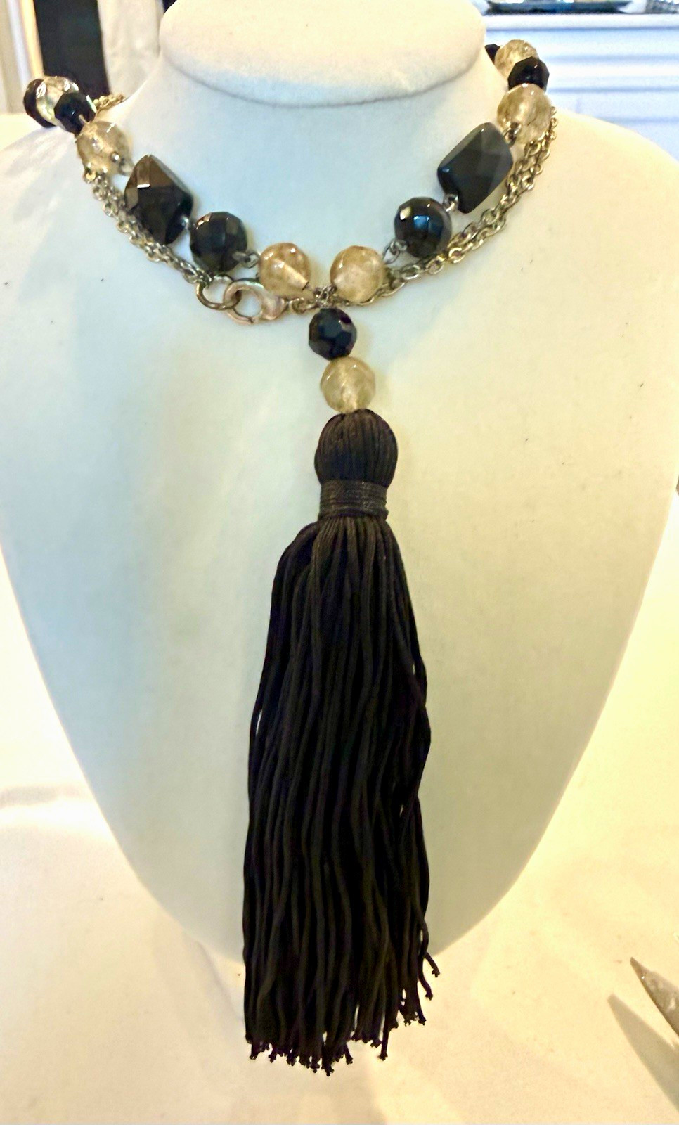 Black Tassel Pendant Glass Round Bead Necklace, Silver Tone Cable Chain