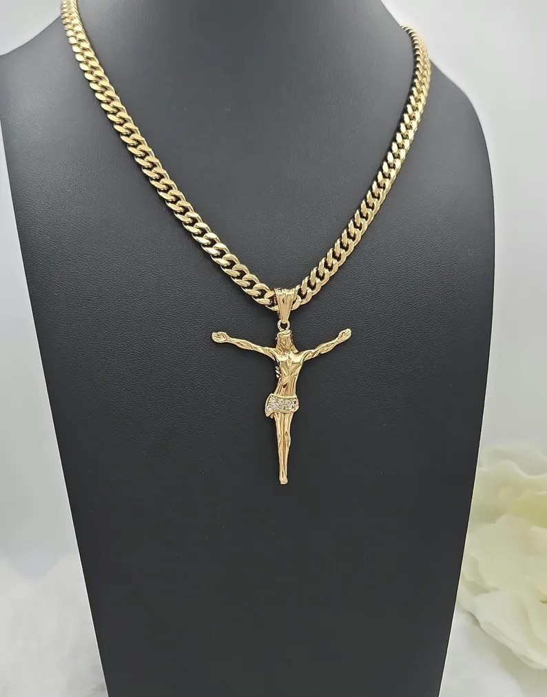14k Heavy Plated Gold Crucifix Necklace: Men’s 7mm Cuban Link CZ Pendant