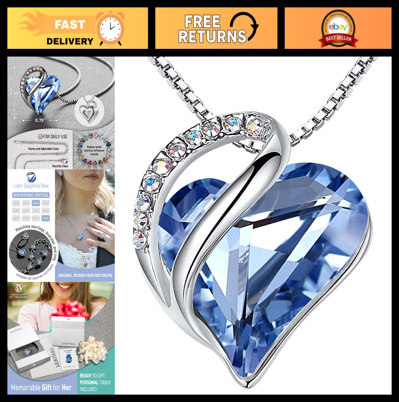 Infinity Love Birthstone Heart Crystal Pendant Necklace – Adjustable 18″ + 2″ Ch