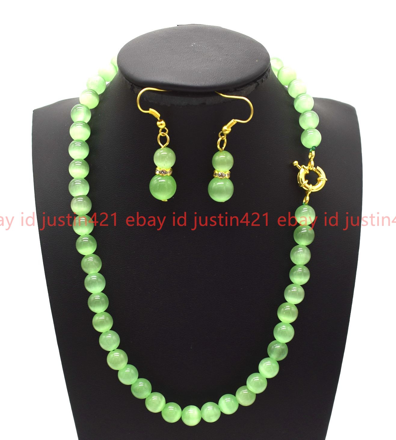 New Natural 8/10/12mm Green Cat Eye Round Gemstone Beads Necklace Earrings 18in