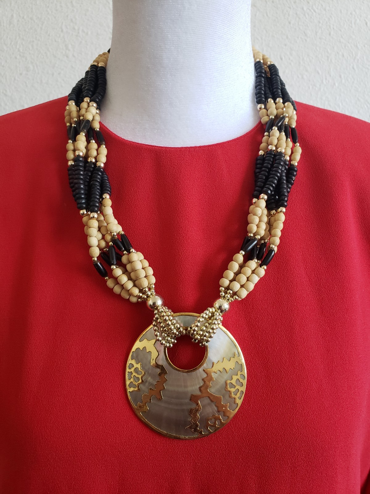 Boho Necklace Wood Plastic Metal Bead Pearl Round Pendant Made In Philippines .