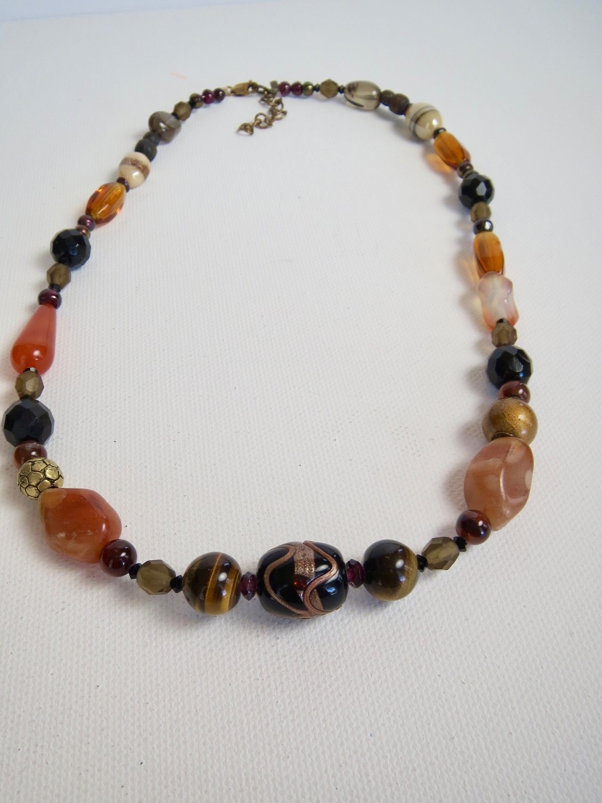 Artisan Created Art Glass Bead, Tiger’s Eye Mixed Materials 16/ 18″ Adj NECKLACE