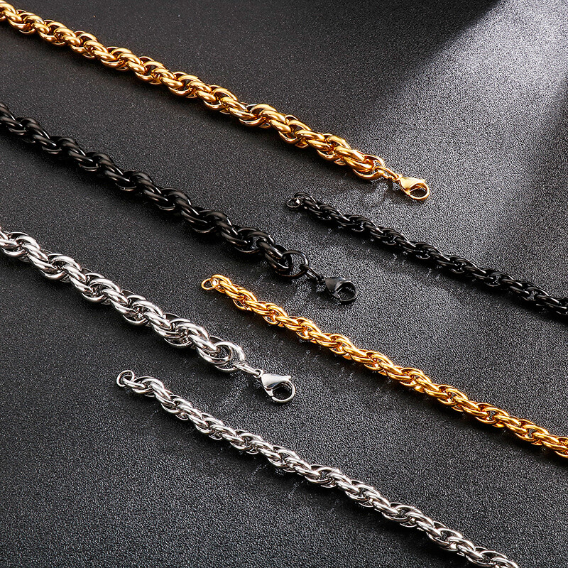 Fashion 7mm 18-26 inch Gold Rope Chain Necklace Stainless Steel Twisted Chains