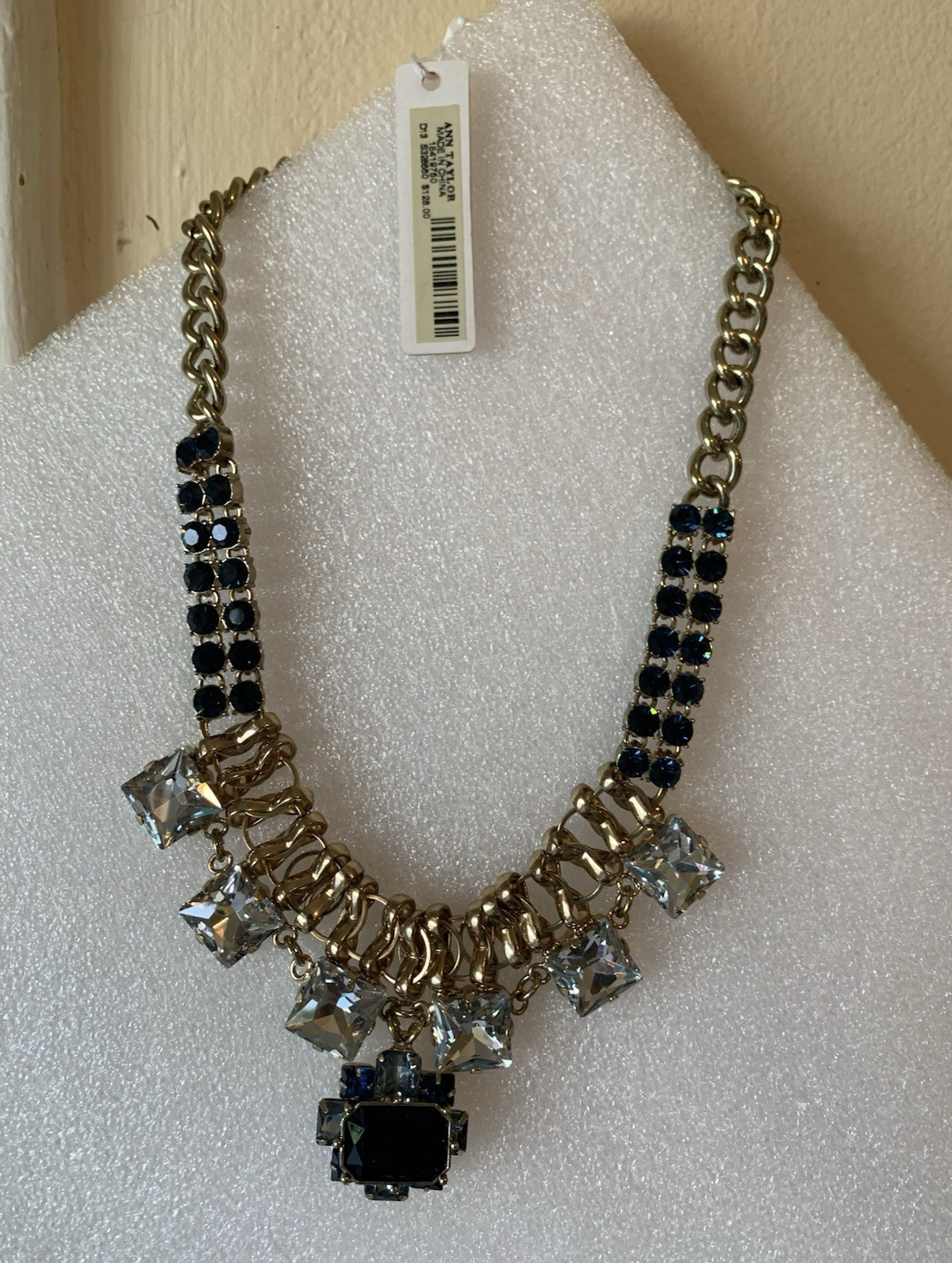 Ann Taylor Gold-Tone Cable Chain Blue & Clear Crystal Statement Necklace, Toggle