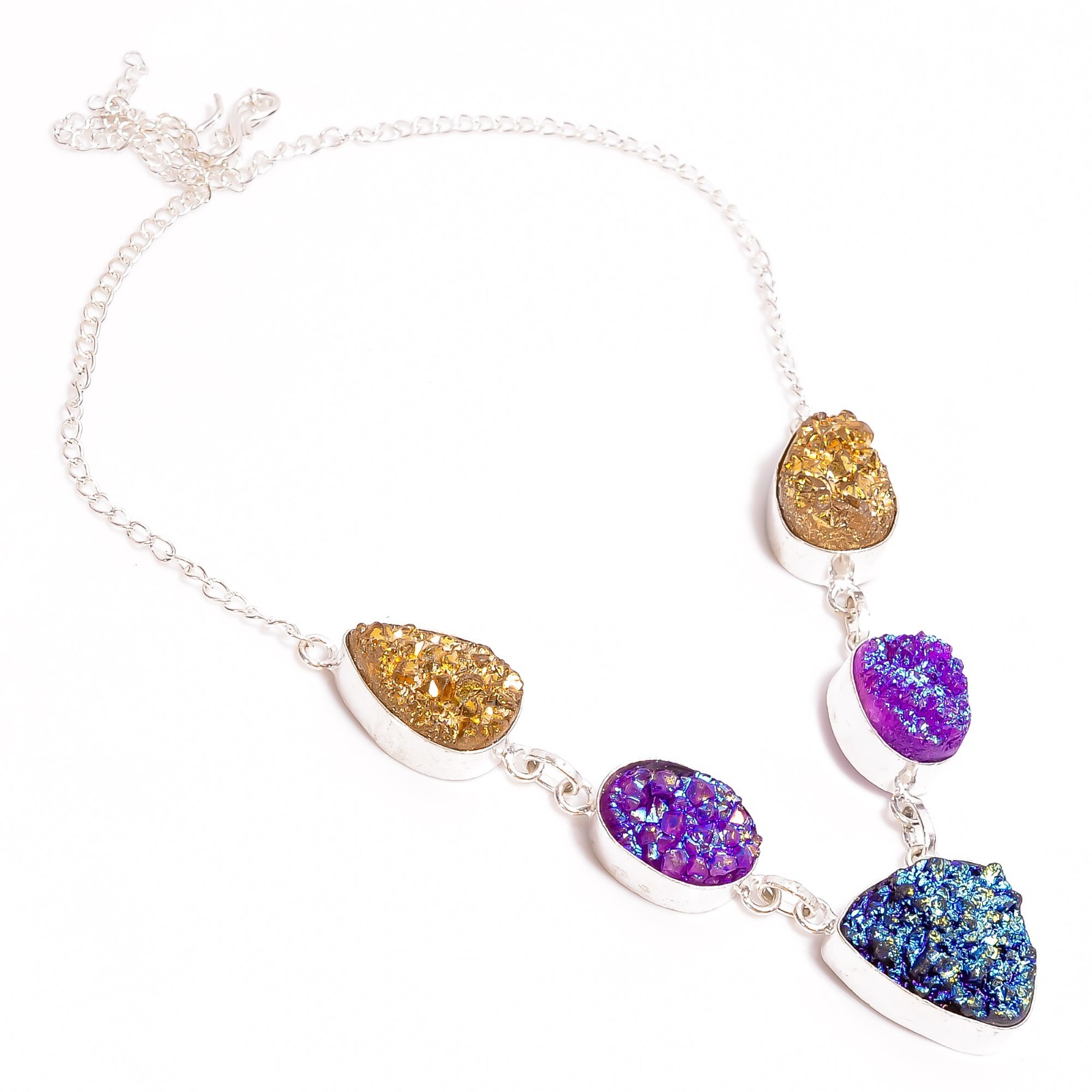 Natural Multi Titanium Druzy Gemstone 925 Silver Chain Necklace For Women