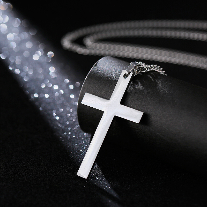 2PCS Men’s Cross pendant Cuban Necklace 24″ stainless steel Silver Plain Gift US