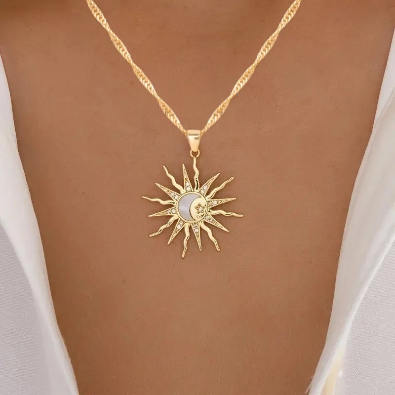 Rhinestone Sun Moon Star Pendant Necklace Women Retro Fashion Jewelry Gift
