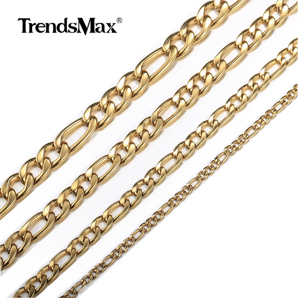 3/5/7/9mm Gold Plated Stainless Steel Figaro Chain Necklace Men Women 16-30″