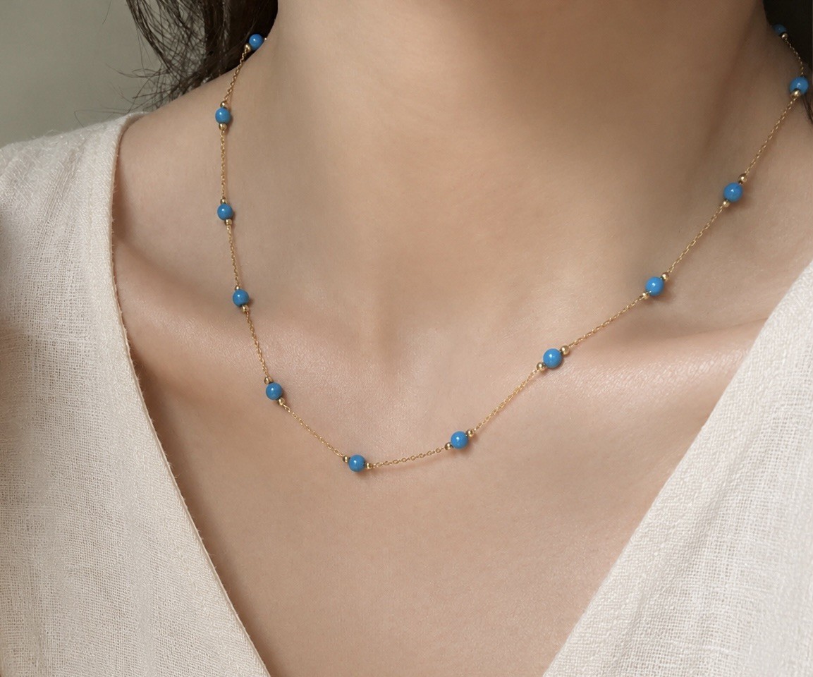 Turquoise Station Choker Necklace 3mm Bead 18K Gold Plated Layering 40+5cm