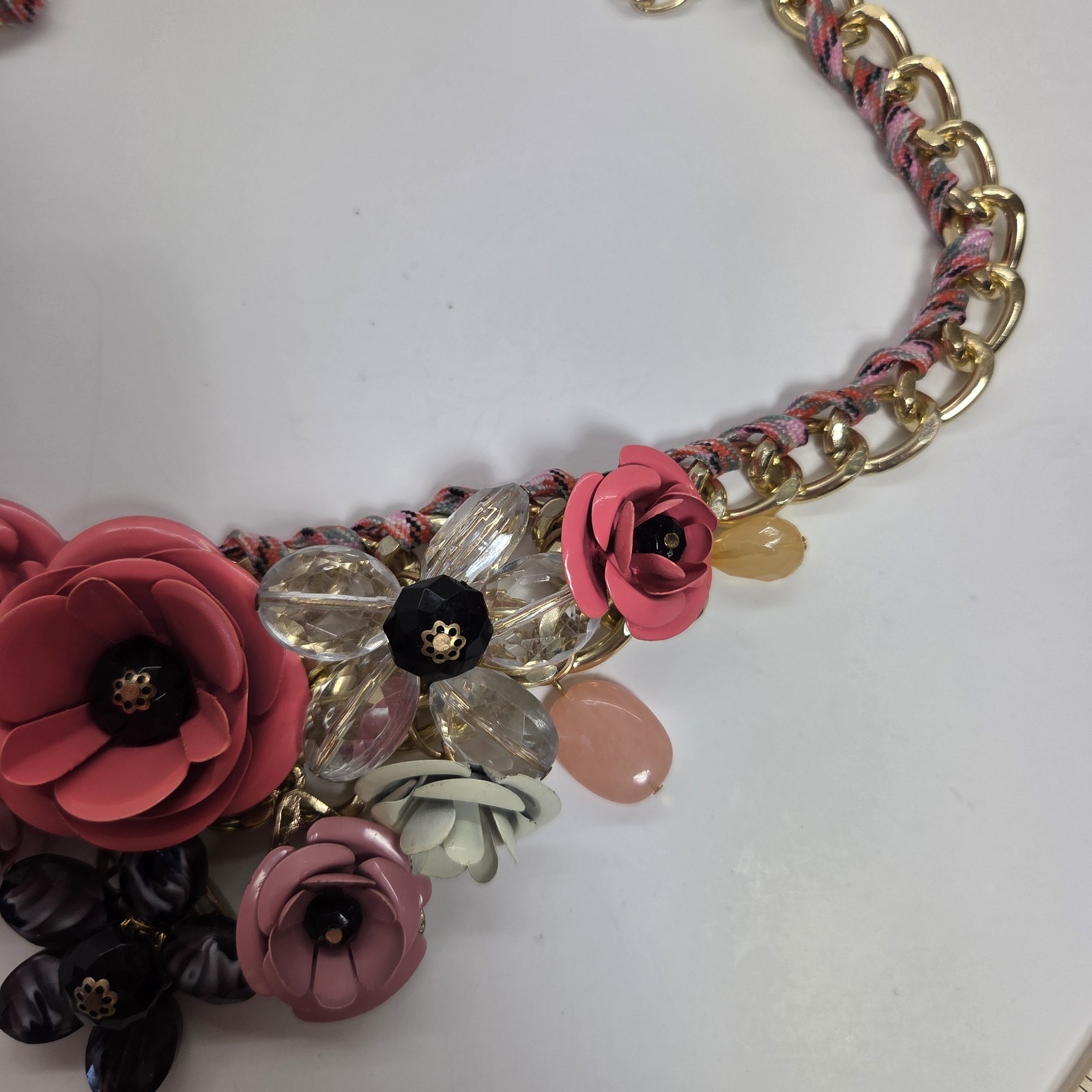 Multicolor Floral Bib Collar Statement Necklace Cable Chain Adjustable 18in