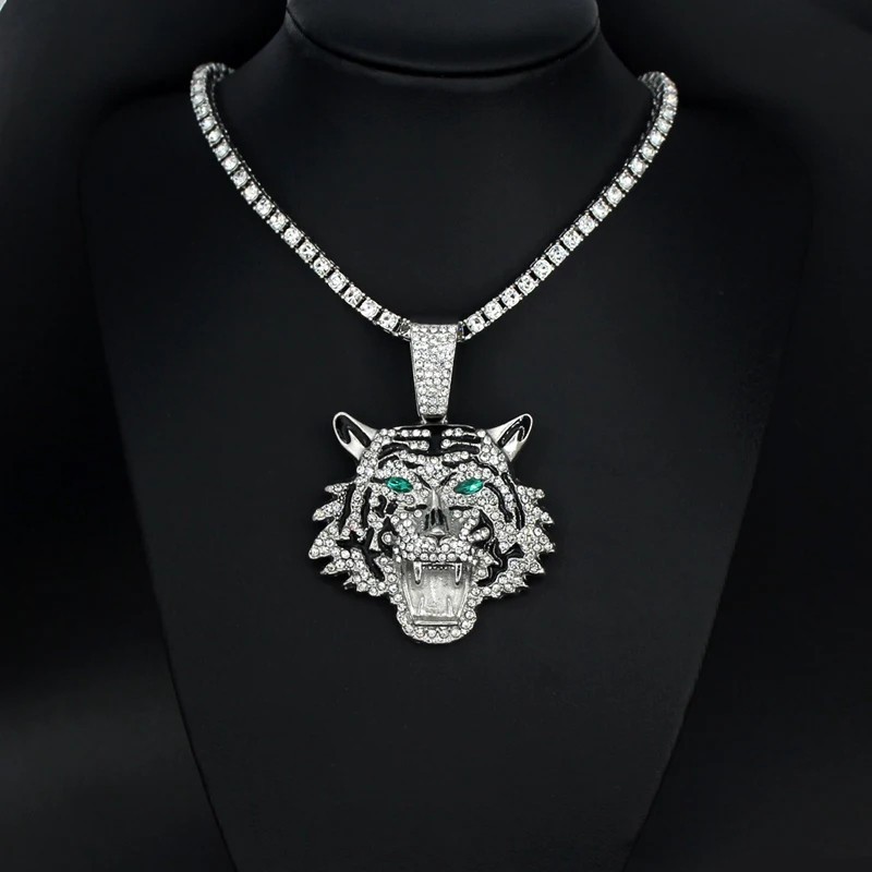 Hip Hop Iced CZ Tiger Pendant Necklace Crystal Cuban Chain Fashion Charm Jewelry
