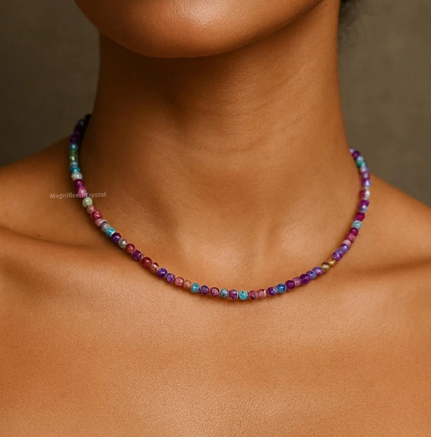 Natural Galaxy Sea Sediment Jasper Choker Minimalist Rainbow Stone Necklace