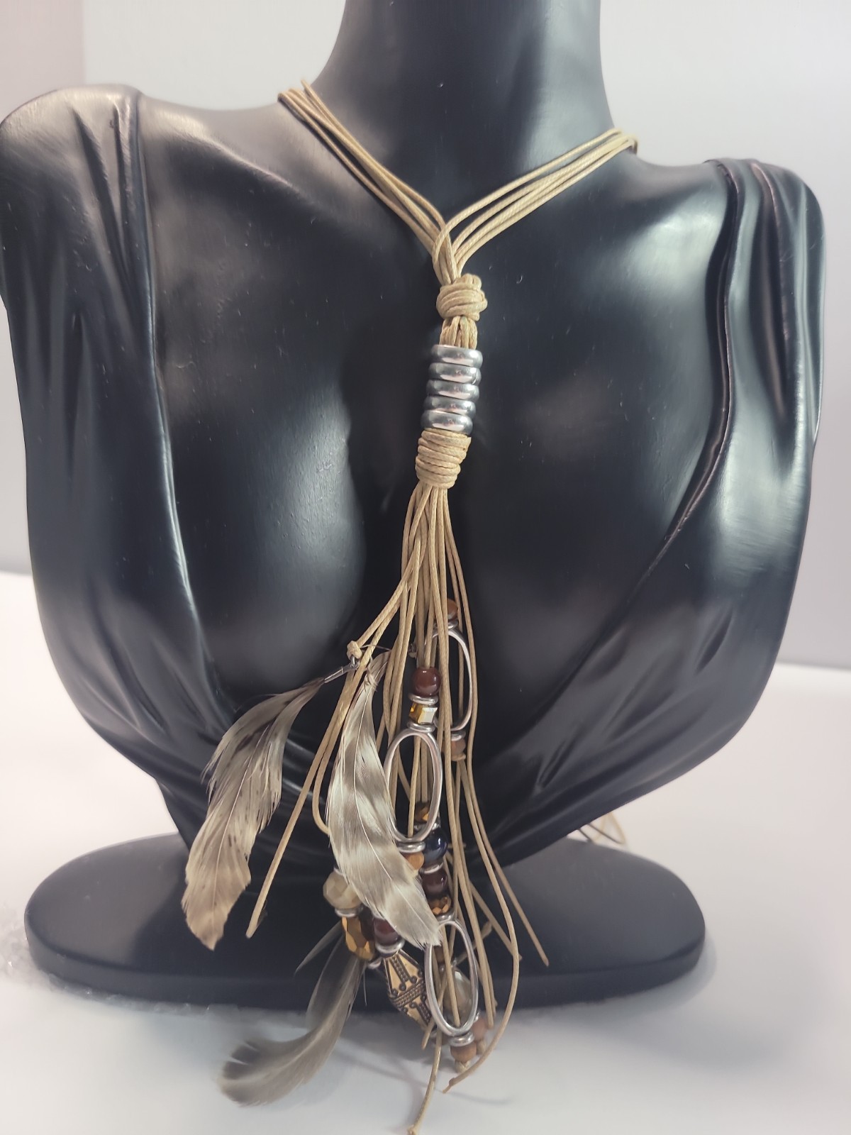 Boho Tassel Necklace Faux Leather Feathers Beaded Fringe Pendant Western Style