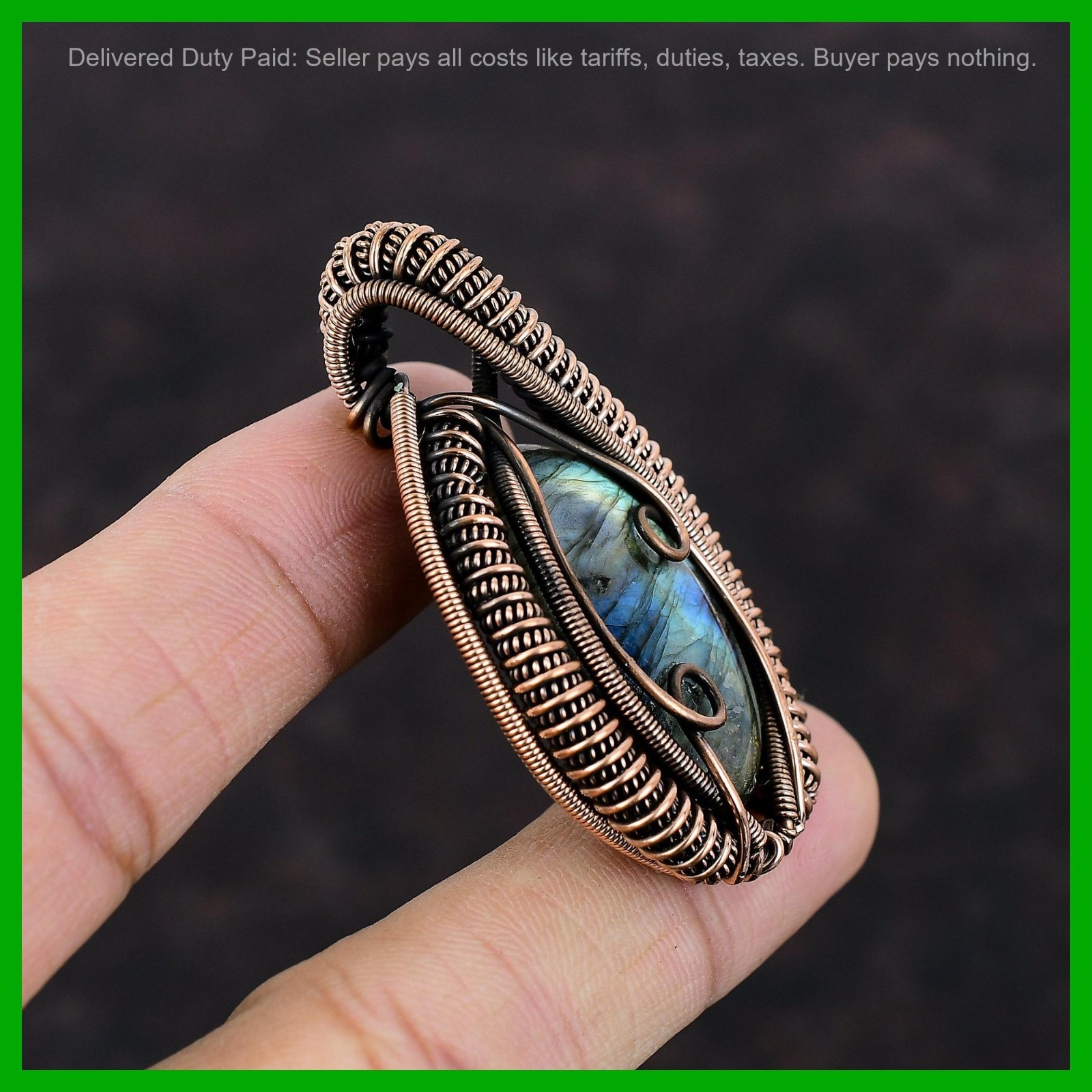 Valentines Deal Oval Labradorite Stone Copper Handcrafted Wire Wrapped Pendant