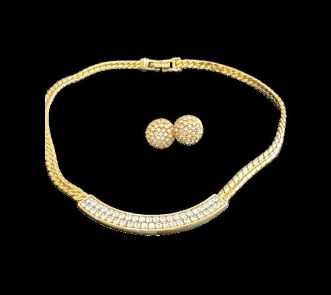 Vtg Swarovski FREE SHIP Signed SA Crystals Gold Tone Choker Necklace Earrings!!