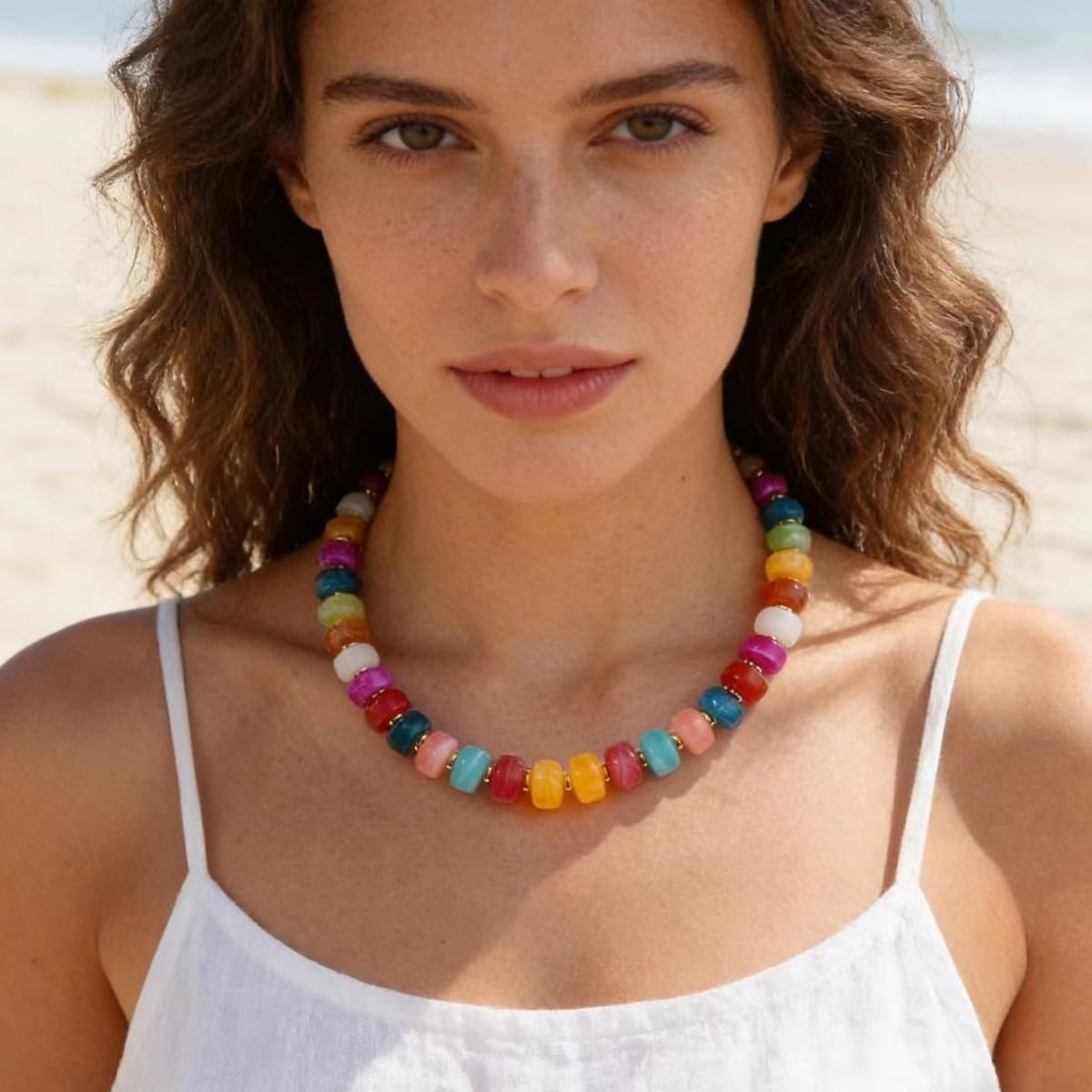 Chunky Beaded Statement Necklace for Women Colorful Boho Choker