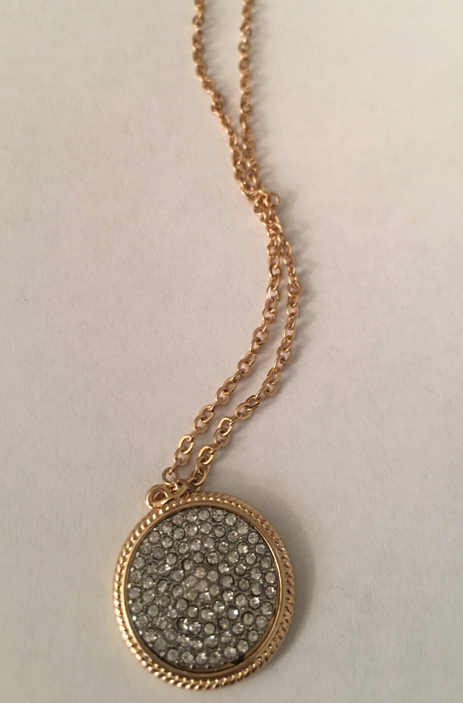 Necklace 16” Gold Chain W/ Round Pendant Clear Stones .75” Diameter New NIP