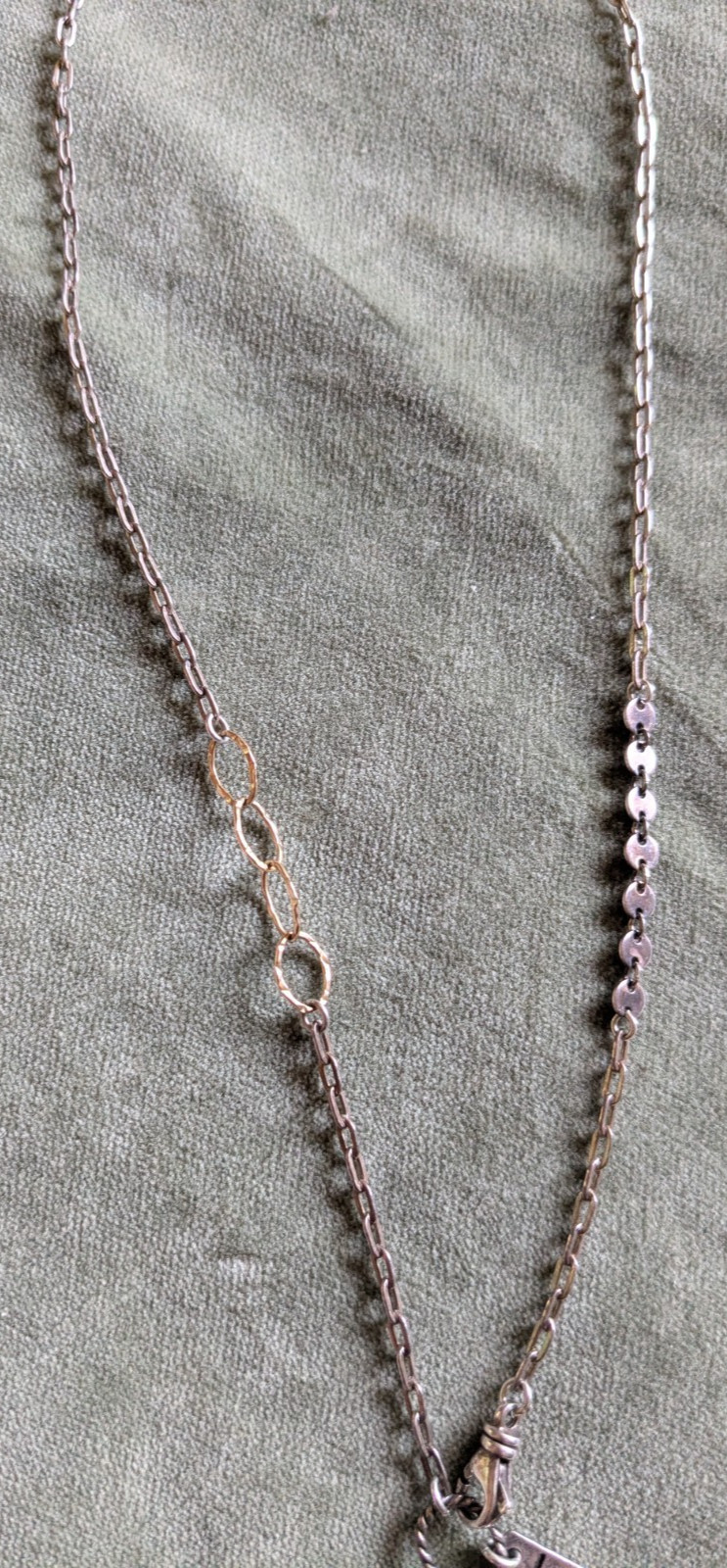 Mixed metal peace sign love charm necklace 18″ patchwork chain bohemian rustic