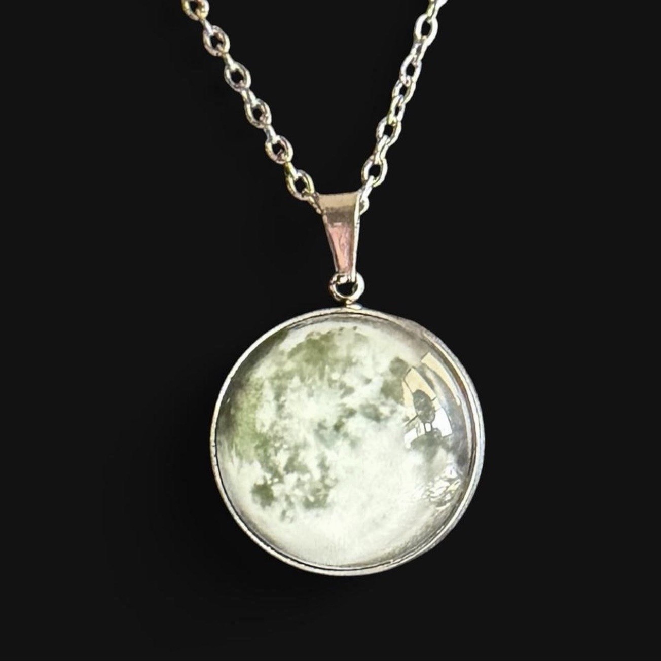 Glow in the Dark ✨ Full Moon Pendant Necklace with Silver Chain 🪐🌌