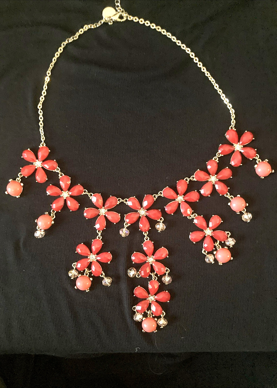 Red Acrylic Flower and Rhinestone Gold Tone Bib Statement Necklace