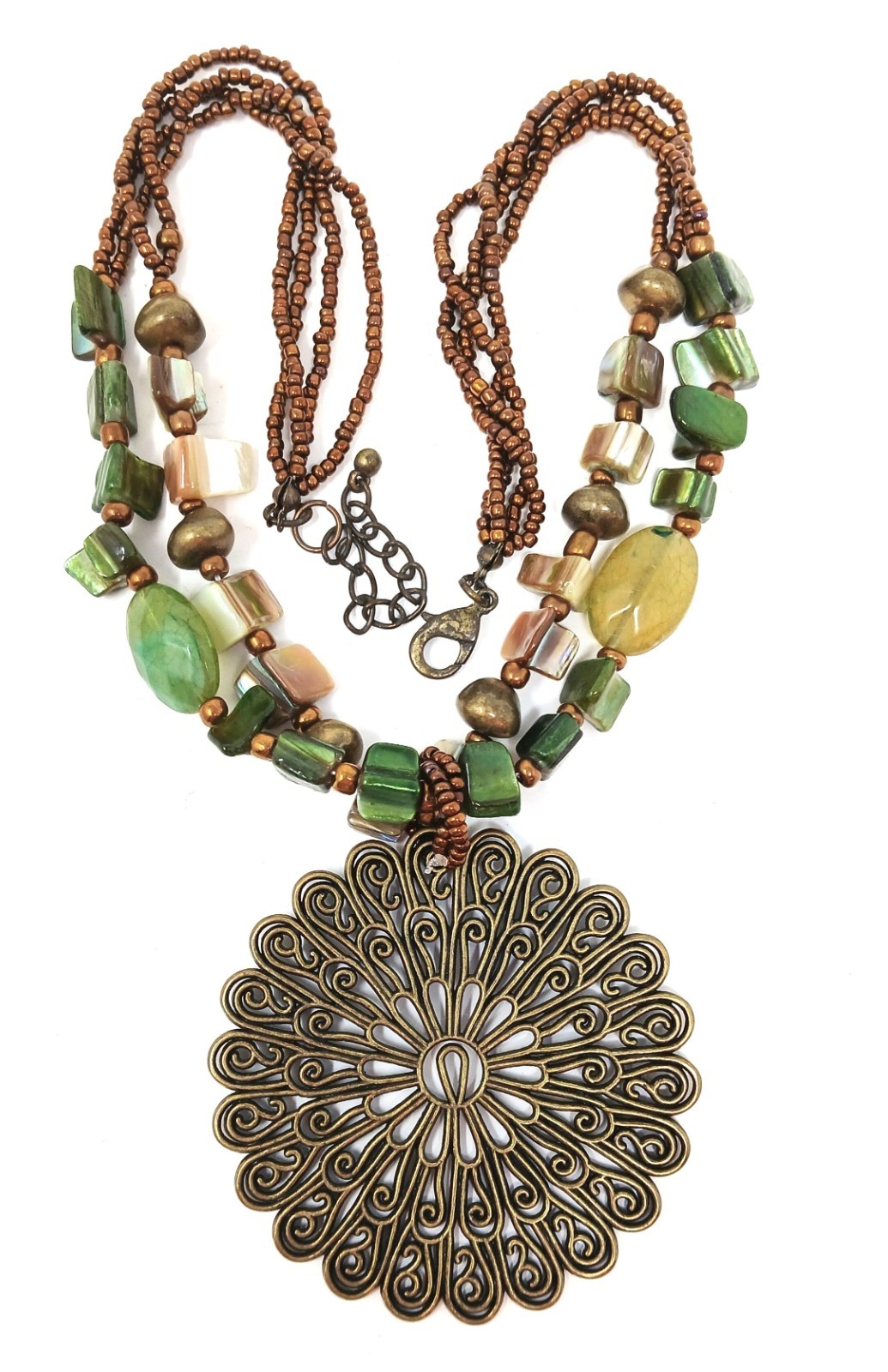 Boho Ethnic Bronze Tone Medallion Pendant & Green Mother of Pearl Bead Necklace