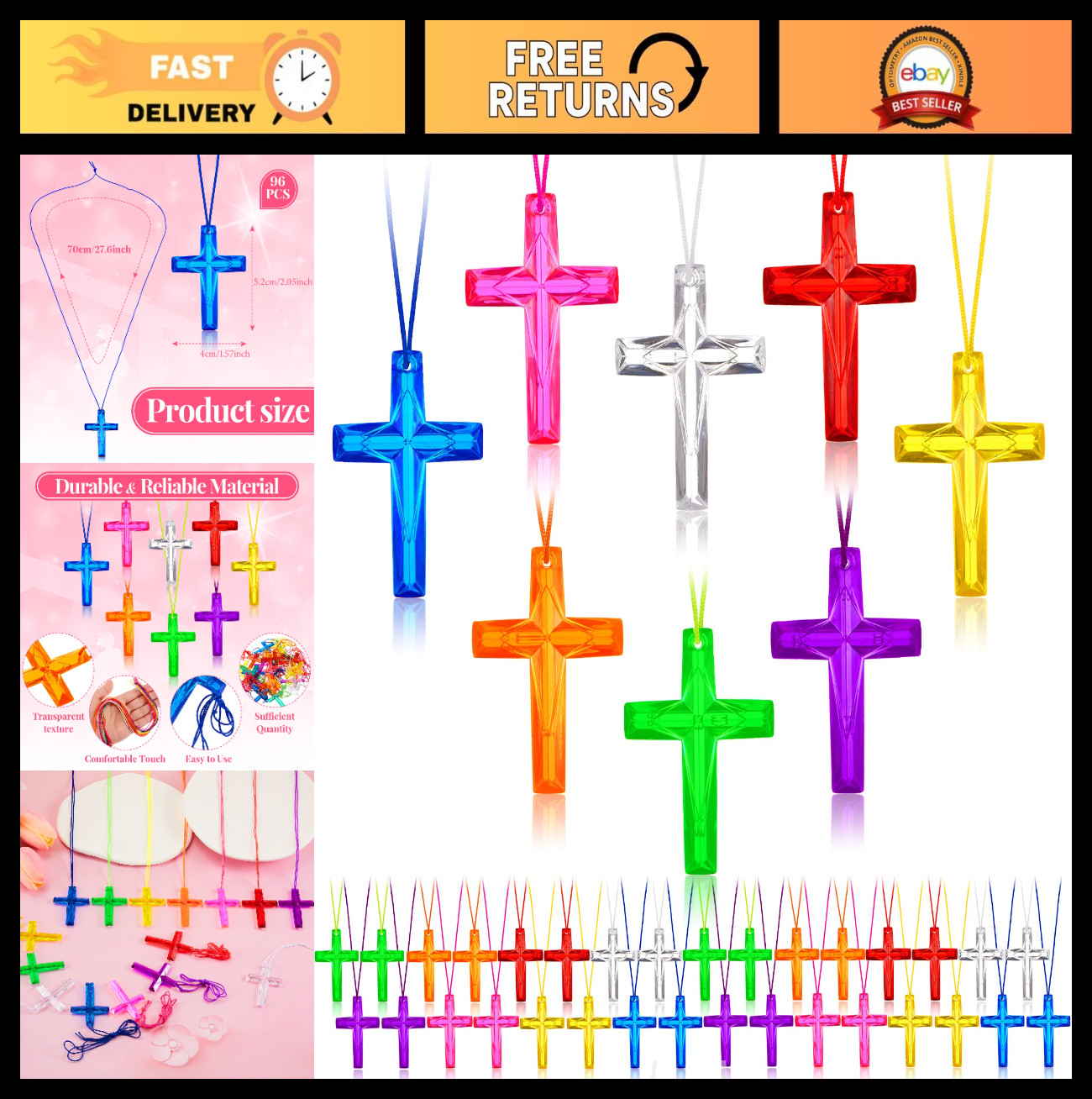 96 Pcs Crystal Cross Necklaces Bulk – Shatterproof Mini Church Jewelry, VBS Gift