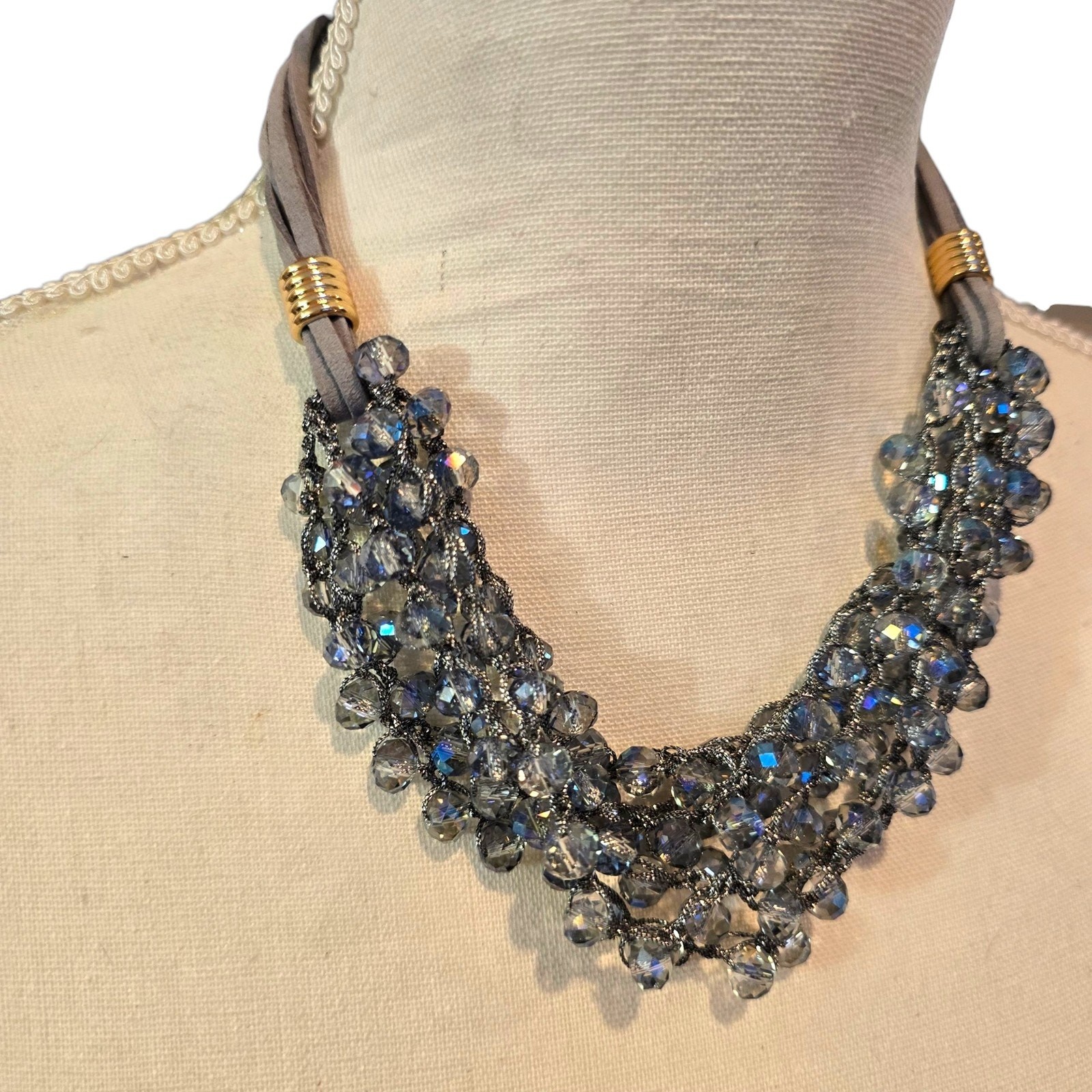 Necklace Clustered Acrylic Bib Multi Strand Adjustable Gold Tone SKU2348