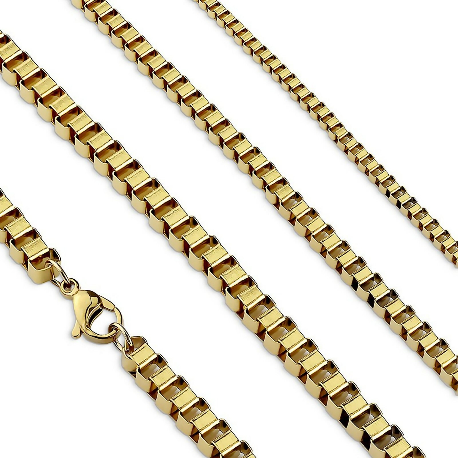 Box Chain Necklace Gold PVD Plated Stainless Steel 2mm 3mm 4mm 18-22 Inch Long